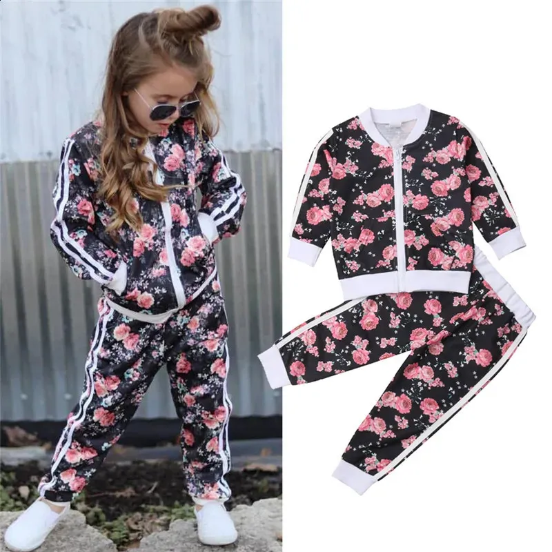 37 jaar kinderen baby meisje kleding set bloemenprint lange mouw sweatshirt broek outfits peuter herfst trainingspak kleding 240226