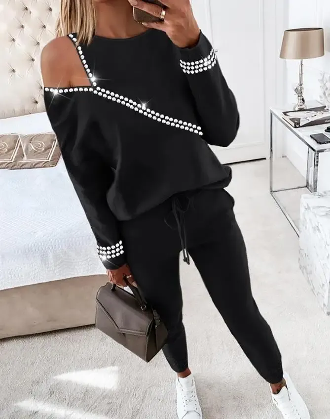Suits Two Piece Casual Outfits Rhinestone Decor Cold Shoulder Top & Pants Set Long Sleeve Tees Cold Shoulder Drawstring Y2K Clothing