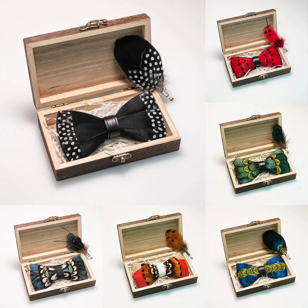 EASTEPIC Handmade Feather Bow Tie Brooch Wooden Box Set Mens Exquisite Accessories for Wedding Party Birthday Gift Necktie 240301