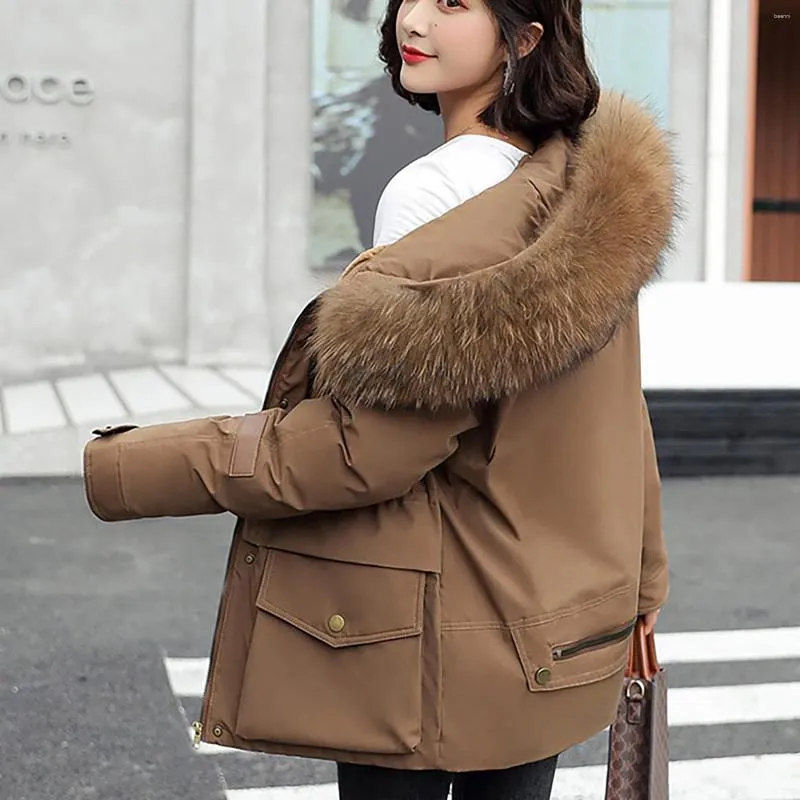 Женская пуховая мода 2024, женская осенне-зимняя утолщенная куртка с капюшоном, хлопковое пальто на молнии с воротником для волос, женская повседневная верхняя одежда, большие размеры