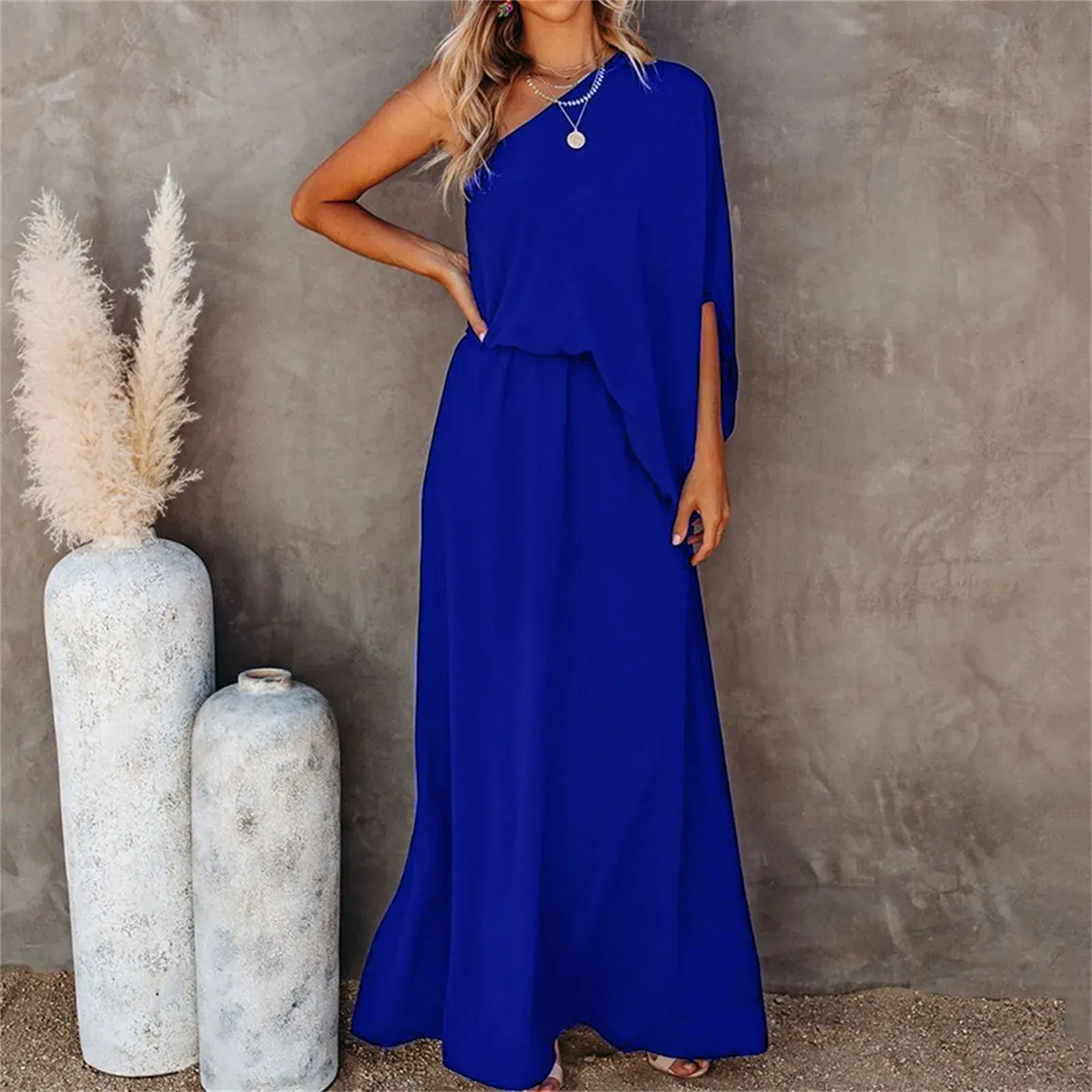 Robe bleue d'été élégante, asymétrique épaule dénudée, longue, taille haute, ample, Maxi, robe de soirée, asymétrique, pour femmes, robe formelle de mariage