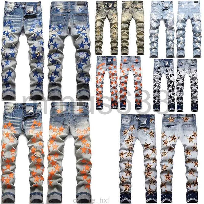 Jeans da uomo Amirs Designer Jeans da uomo High Street Hole Star Patch Pantaloni da donna con pannello ricamato a stella Amirs Pantaloni slim fit elasticizzati Taglia 29/30/31/32/33/34/36/38/40/42