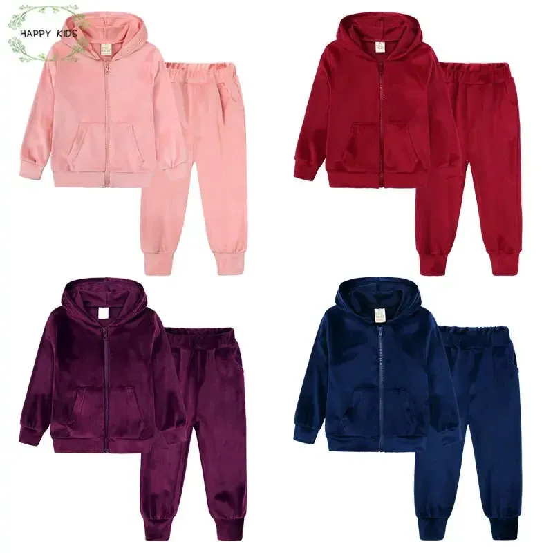 Crianças meninos meninas veludo sweatsuit criança zíper up hoodie jaquetas calças definir moda inverno crianças 2 peças fatos de treino outfits 240226