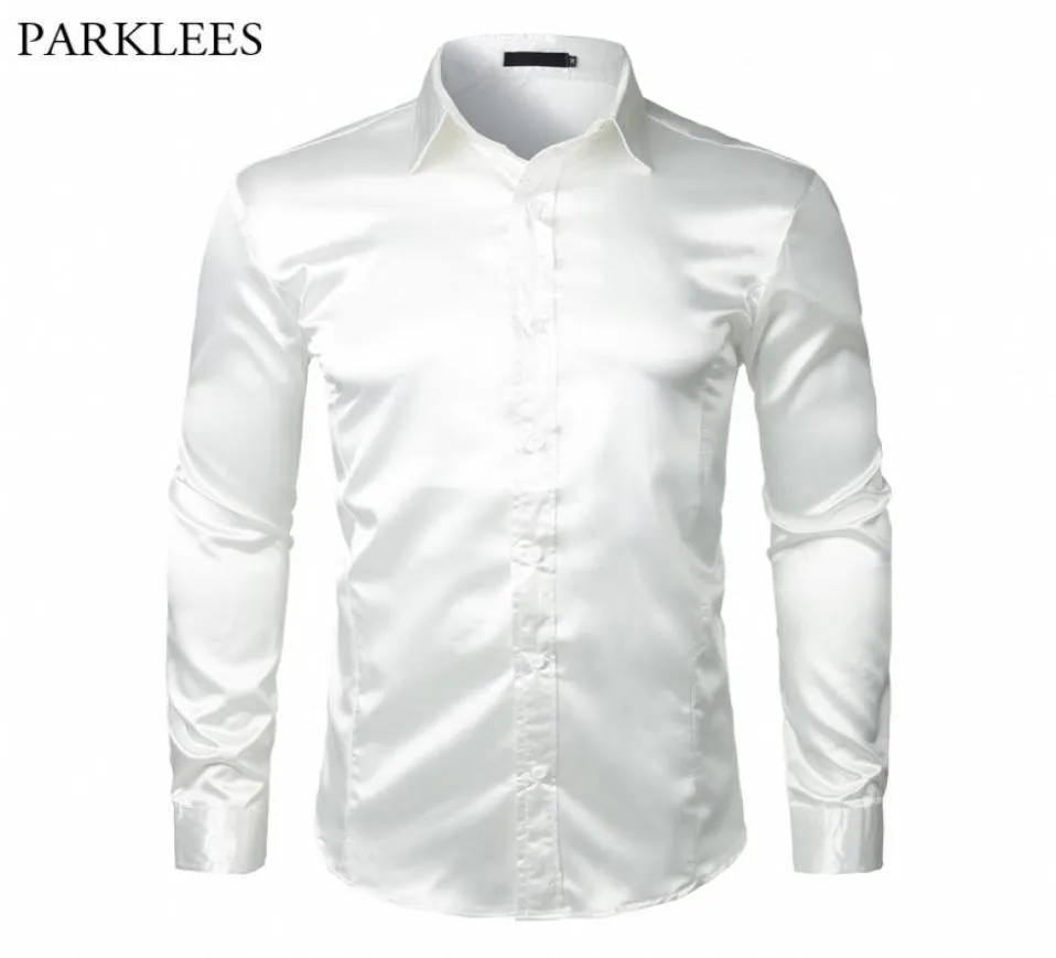 Stilvolles weißes Seidensatin-Hemd für Herren, Chemise Homme, lässig, langärmelig, Slim Fit, Herrenhemden, Business, Hochzeit, Herrenhemd 2009254904955