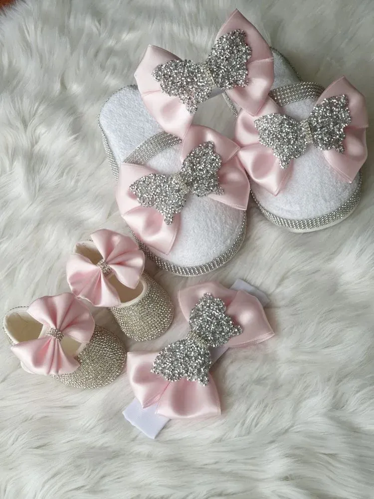 Dollbling Groothandel Roze Strik Luxe Meisjes Peuter geboren Baby Casual Doek Schoenen met Glanzend Strass 240227