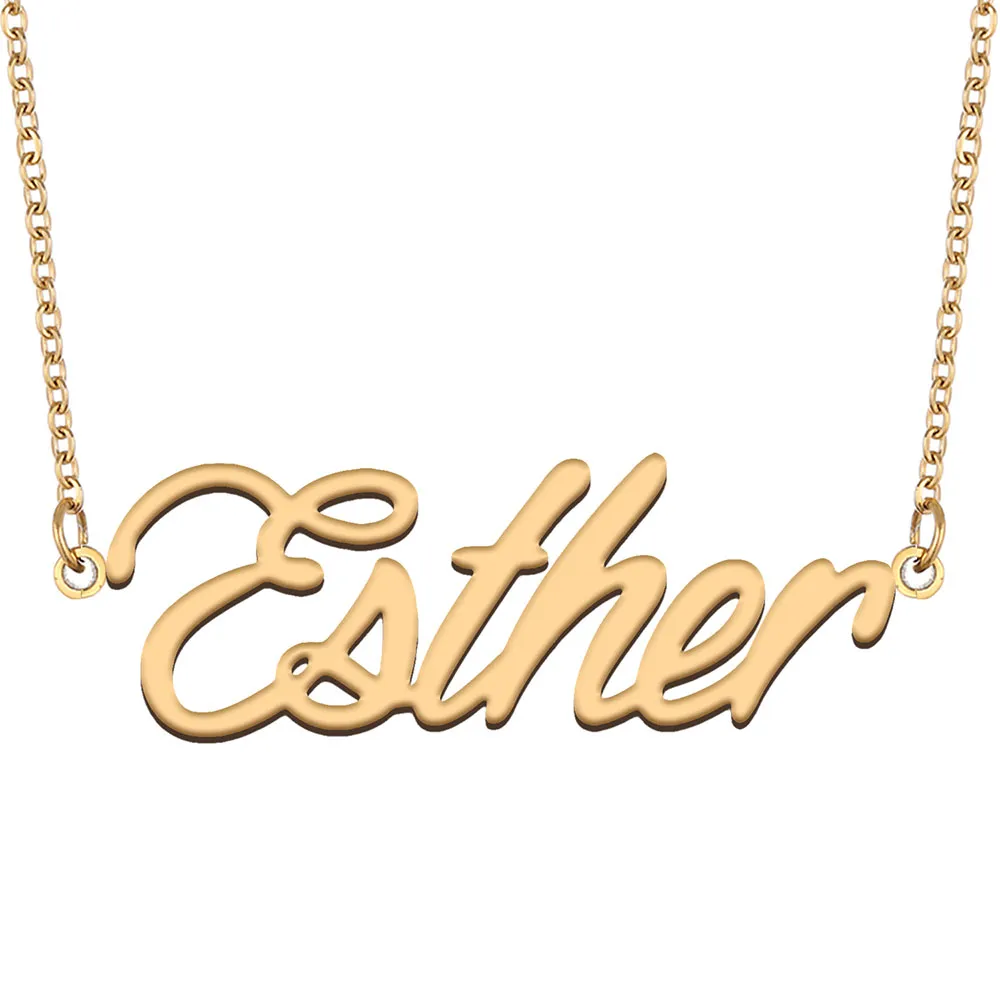 Esther Name Necklace Pendant for Women Girls Birthday Present Anpassade typskylt Kids Bästa vänner smycken 18K Guldpläterad rostfritt stål