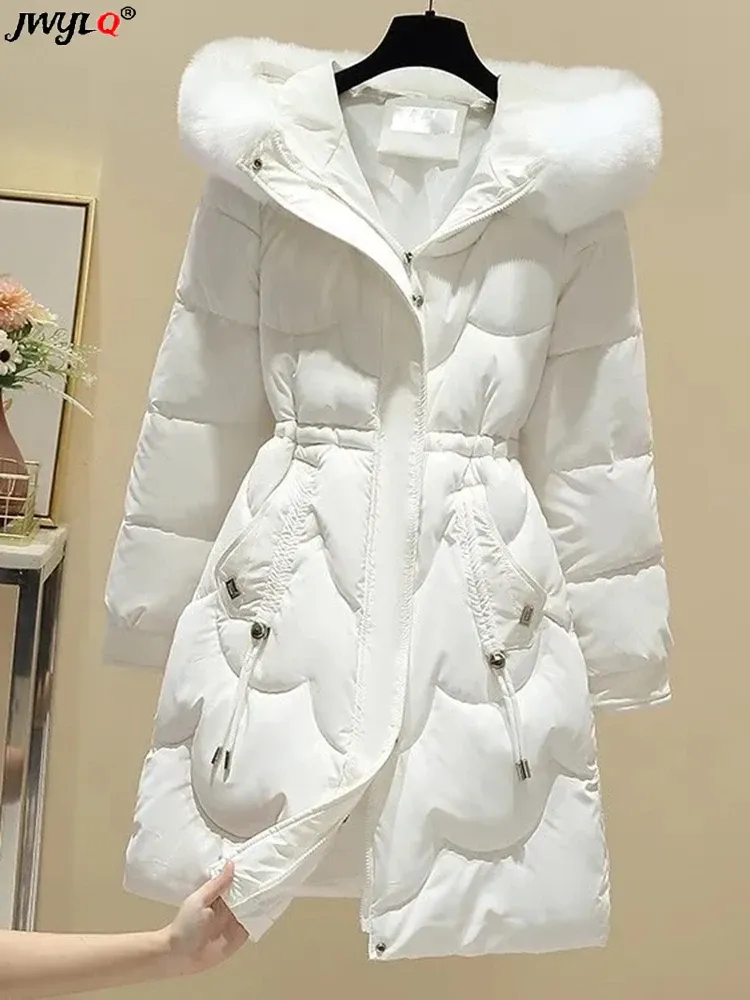 Parkas vinter huva faux päls krage long parka koreansk mode tjock varm bomullspadded vindtät jackor casual streetwear coat kvinnor