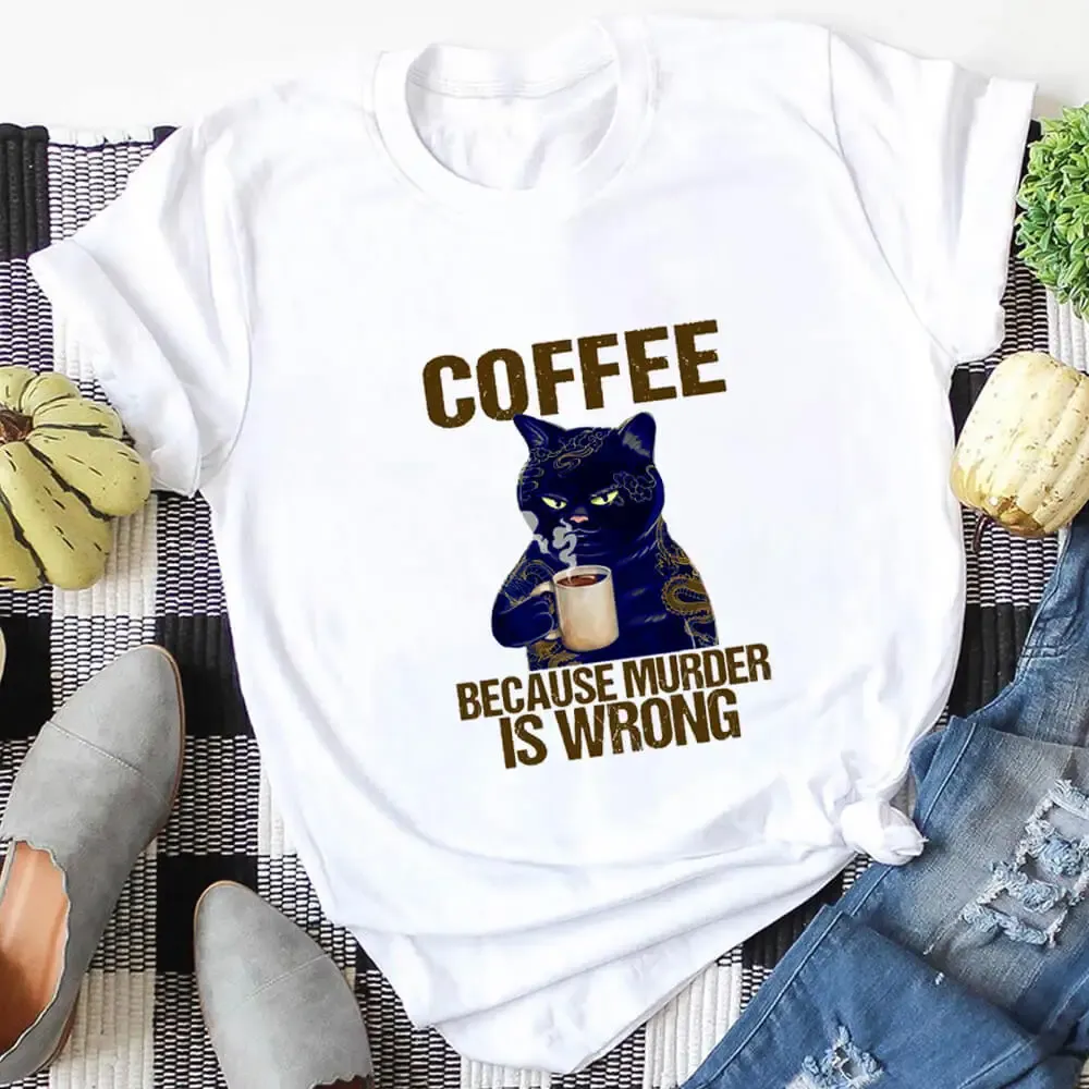 T-shirts kaffekatt tryckt 100%bomullskvinnor tshirt katt mamma liv rolig sommar avslappnad oneck kort ärm toppar kafferover gåva