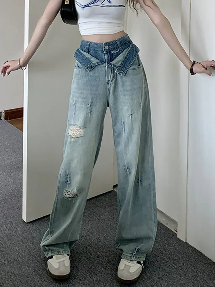 Dżinsy Summer Bule Hiphop Vintage Dżinsy Kobiety Pockets Y2K Korean Style Denim Spodnie Kobieta w wysokim poziomie mody swobodne proste spodnie 2023