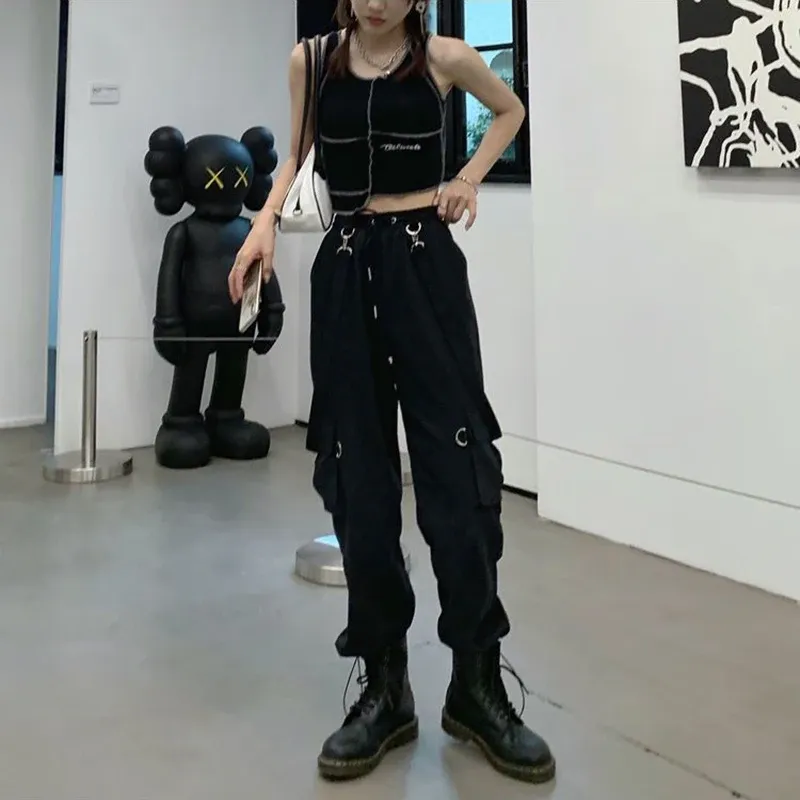 Capris Gothic Cargo Pants Women Harajuku Black Korean High Waist Bf Hip Hop Streetwear Wide Leg Pants Loose Straight Jogging Trousers