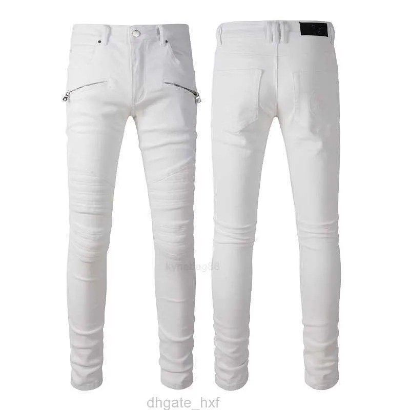 Jeans blancs sans déchirures Jeans de créateur skinny pour hommes Pantalons pour hommes déchirés avec trous Denim Homme Jambe droite Slim Fit Zipper Hole Mode Long Hip Hop Rock Biker Détresse 20ss