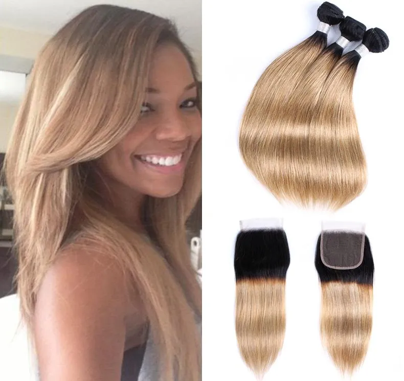 1B27 ombre blond haarbundels met sluiting 3 bundels met 4x4 vetersluiting Braziliaans steil haar Remy human hair extensions7306325