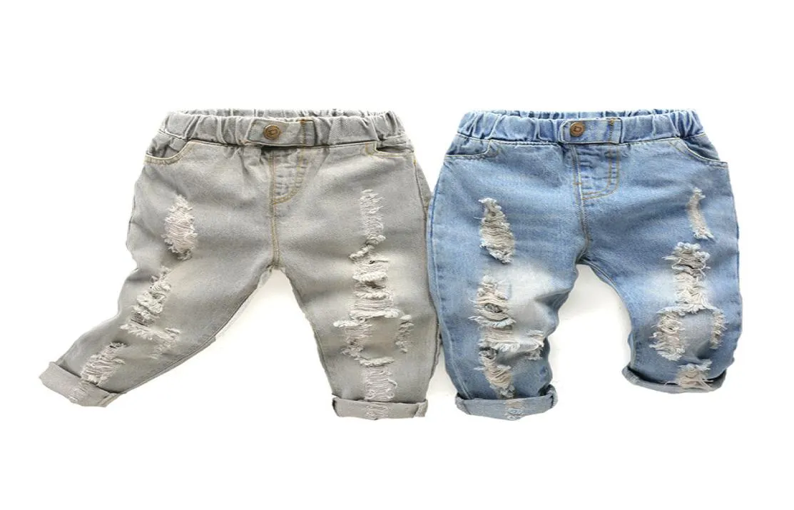 Crianças calças de brim perna reta pouco bebê meninos menina moda rasgado ocidental calças jeans rasgado buracos calças jeans 768 s28542497