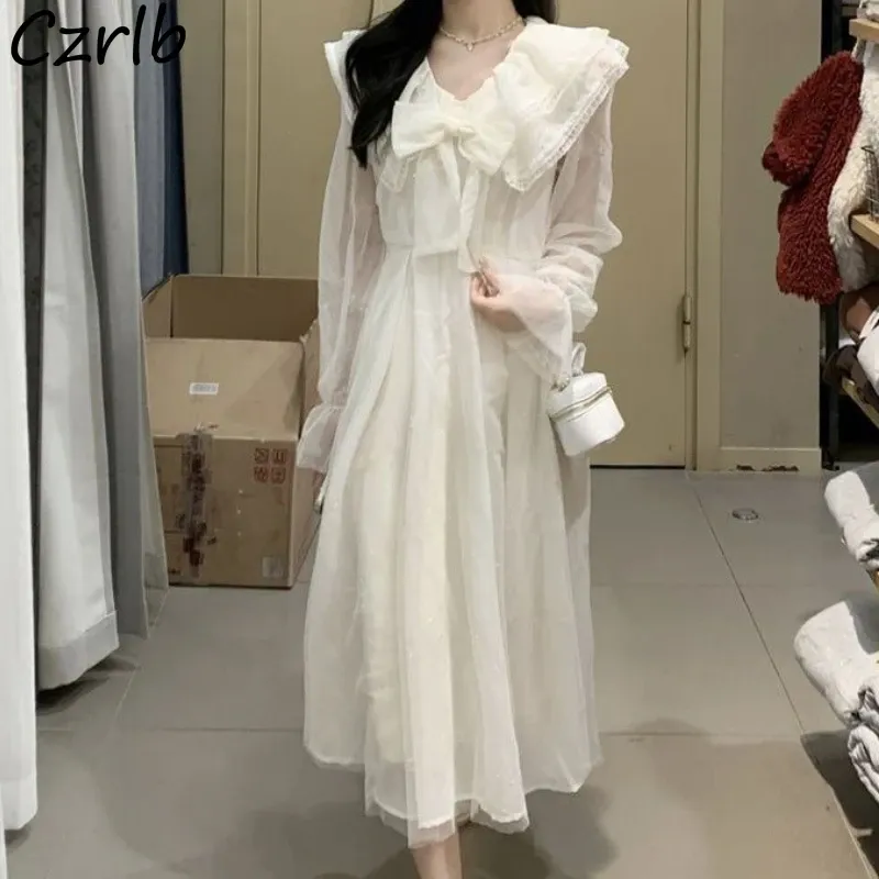 Abito Abiti Donna Pizzo Dolce Bianco Stile francese Midi Fairycore Tenero Casual Manica lunga Vintage Donna Vacanza Elegante Moda Chic