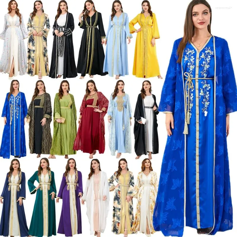 Etnik Giyim Eid Mübarek Djellaba Müslüman Kadın Açık Abaya Kimono Maxi Elbise 2 Parça Set Dubai Kaftan Jalabiya Ramazan İslam Robe Akşam