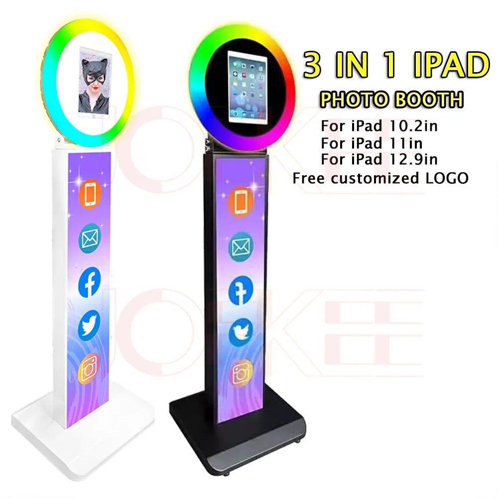 3 em 1 iPad Photo Booth Selfie Machine Shell Suporte ajustável Photobooth com anel de luz LED 180 ° para casamento, Natal, festas, eventos, caixa de sessão de fotos