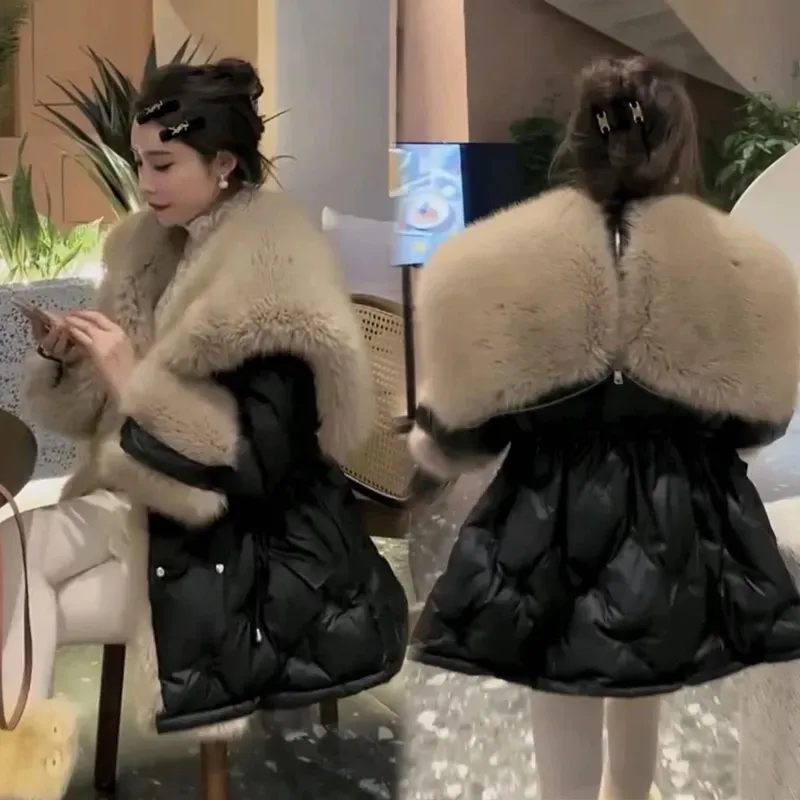 Casacos 2023 inverno nova jaqueta feminina casaco coreano cintura asas de anjo grande gola de pele comprimento médio grosso quente parker casaco