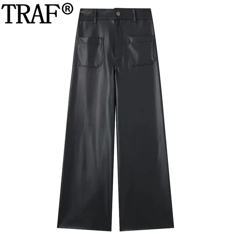 Capris Traf Pockets Black Pants Autumn Faux Leather Pants For Women High midja breda raka benbyxor Kvinna Fashion Casual Pants