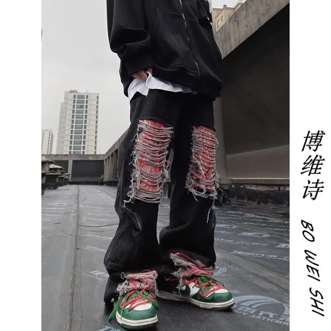 Pants American Design Sense Do the old Heavy Industry Patch Hole Jeans High Street Fashion Handsome Men Women Loose Wideleg Mop Pants