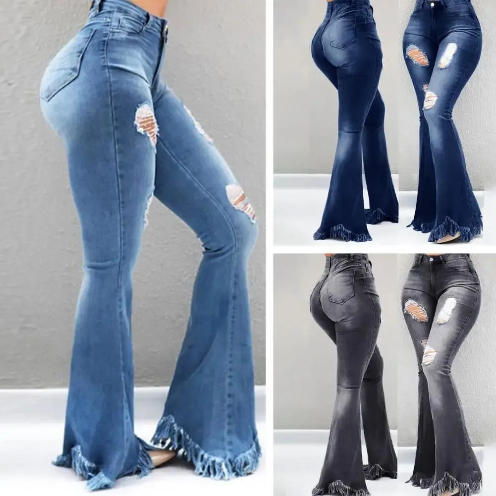 Jeans volledige lengte denim dames uitlopende broek hoge taille zakken gescheurde gaten bell bottom broek kwast manchetten denim broek dames jeans