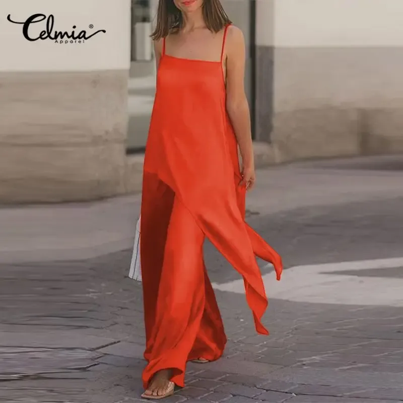 Suits Celmia Sleeveless Asymmetrical Sling Top and Wide Leg Pant Sets Fashion Women Satin Suits 2023 Summer Streetwear 2pcs Pant Sets