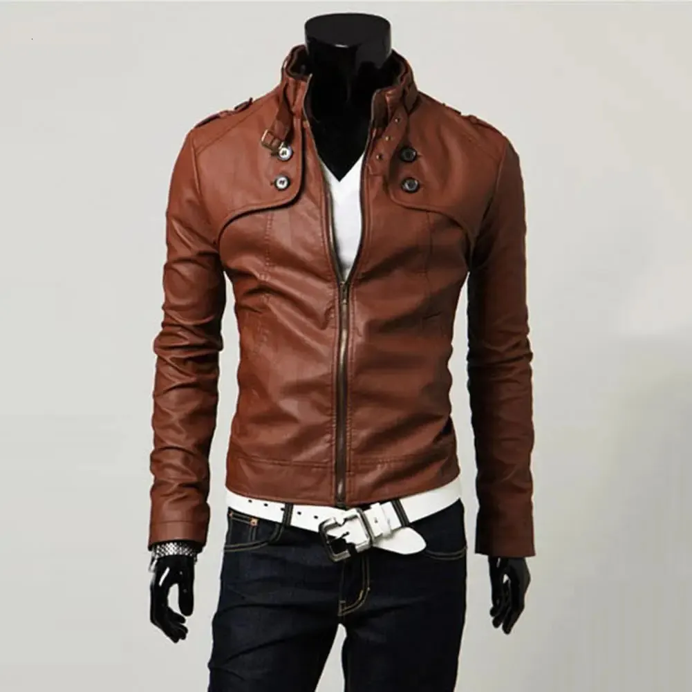 Giacca da uomo in pelle moda uomo slim fit colletto alla coreana PU maschio antivento moto risvolto giacche con cerniera diagonale 240229