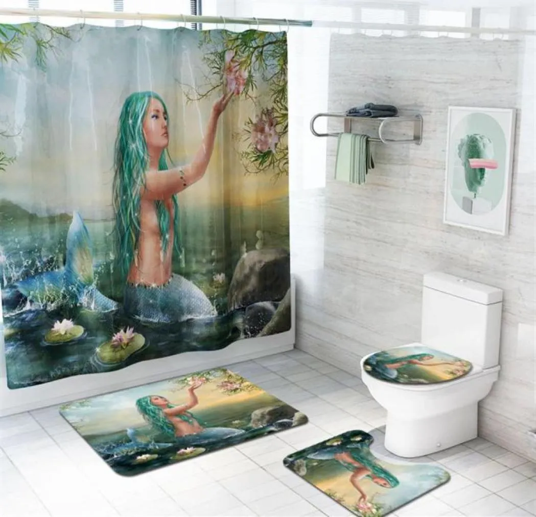 2020New Mermaid Print Duschvorhang Luxus Badezimmer Duschvorhänge Teppich Bodenmatte 4-teiliges Set Kombination Badezimmermatten-Set29221802067