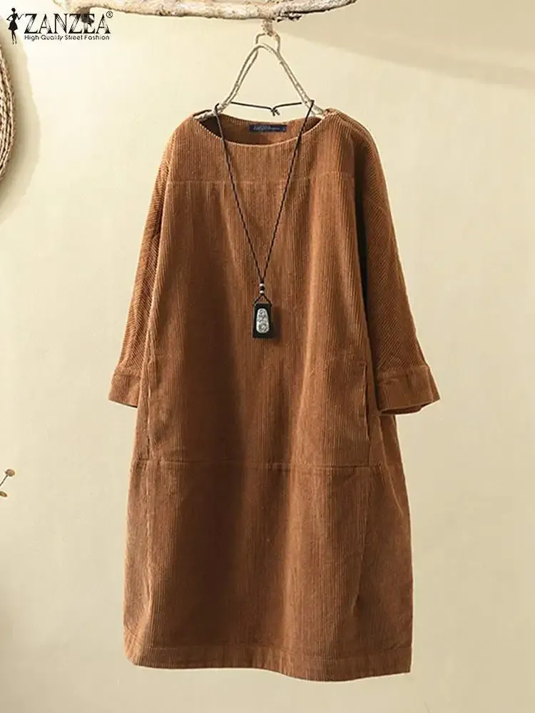 Dress Kaftan Corduroy Dress Women Autumn Sundress ZANZEA Casual Long Sleeve Short Vestidos Female Solid Pullovers Hoodies Robe Femme