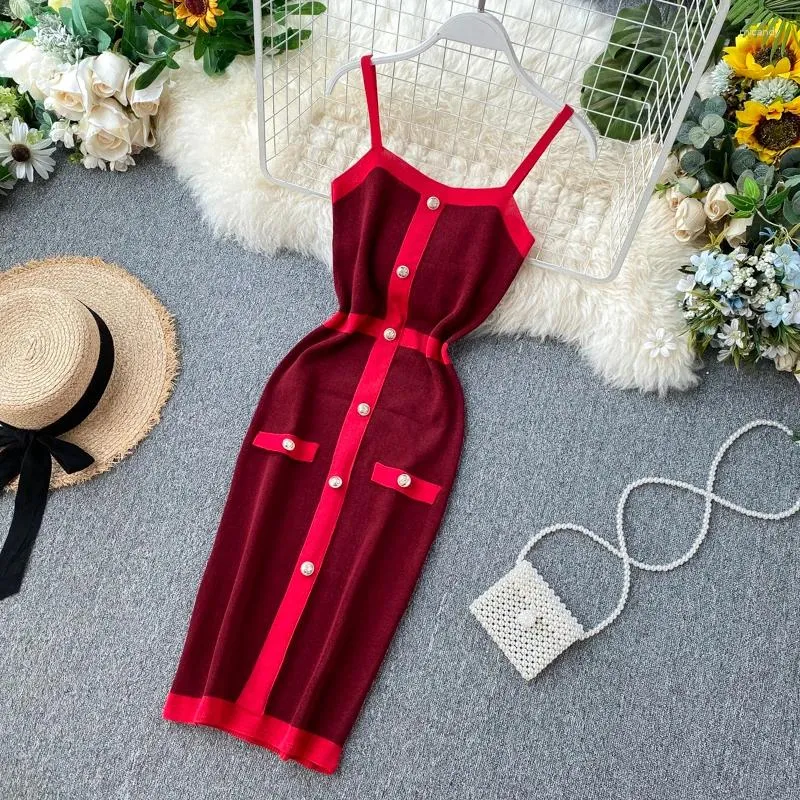 Casual Kleider Teeuiear Vintage 2024 Taste Patchwork Schlank Sexy Sommer Gestrickte Kurze, Figurbetontes Kleid Spaghetti Strap Frauen Club Party