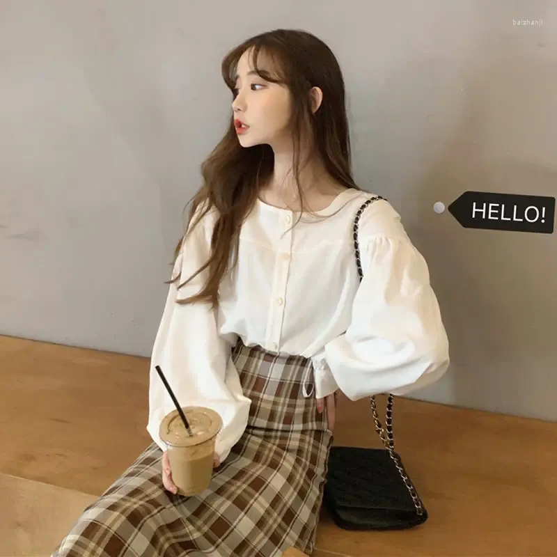 Camicette da donna Camicie da donna Autunno O-Collo Manica a lanterna Monopetto Stile coreano Ragazze Dolce Tempo libero Abbigliamento semplice Top Chic