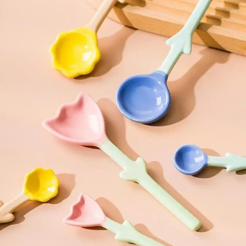 Dinnerware Sets Children Long Handle Ceramic Flower Spoon Tulip Shaped Coffee Mini Cute Milk Ice Cream Dessert Kitchen Tableware