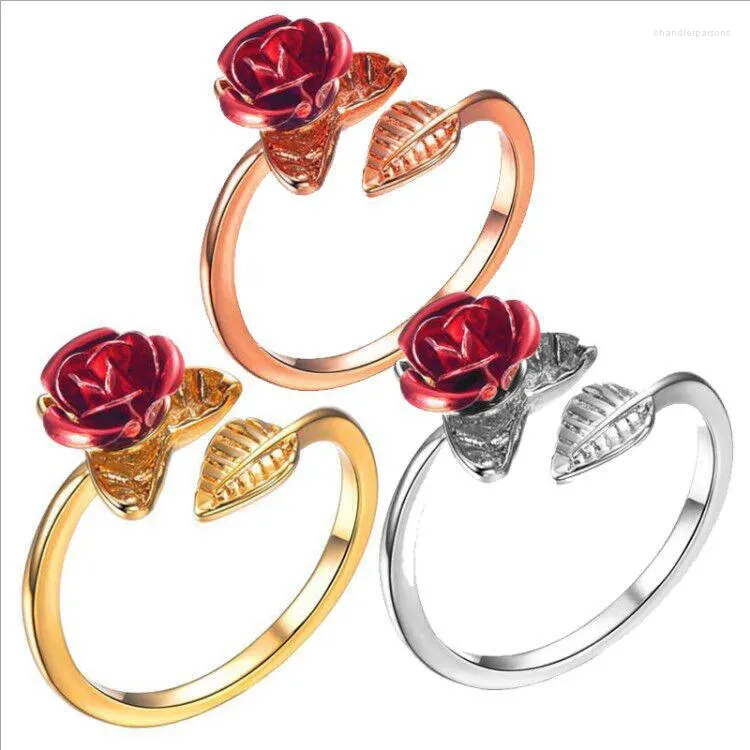 Anelli a grappolo Donne squisite Anello con rosa a 3 colori Petalo di fiore Fidanzamento europeo Matrimonio Cocktail Party Gioielli Regalo di San Valentino