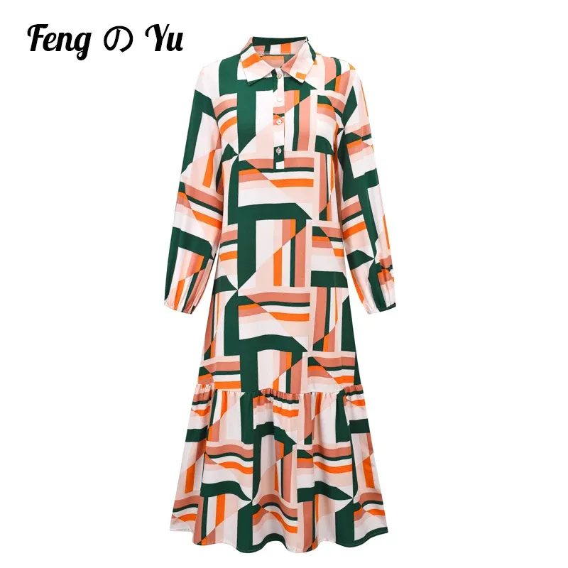 Dress Women's Chic Fashion Button Draped Long Shirt Dress Retro LongSleeved Print Stitching Ruffled Shirt Dress Women's Vestidos XL