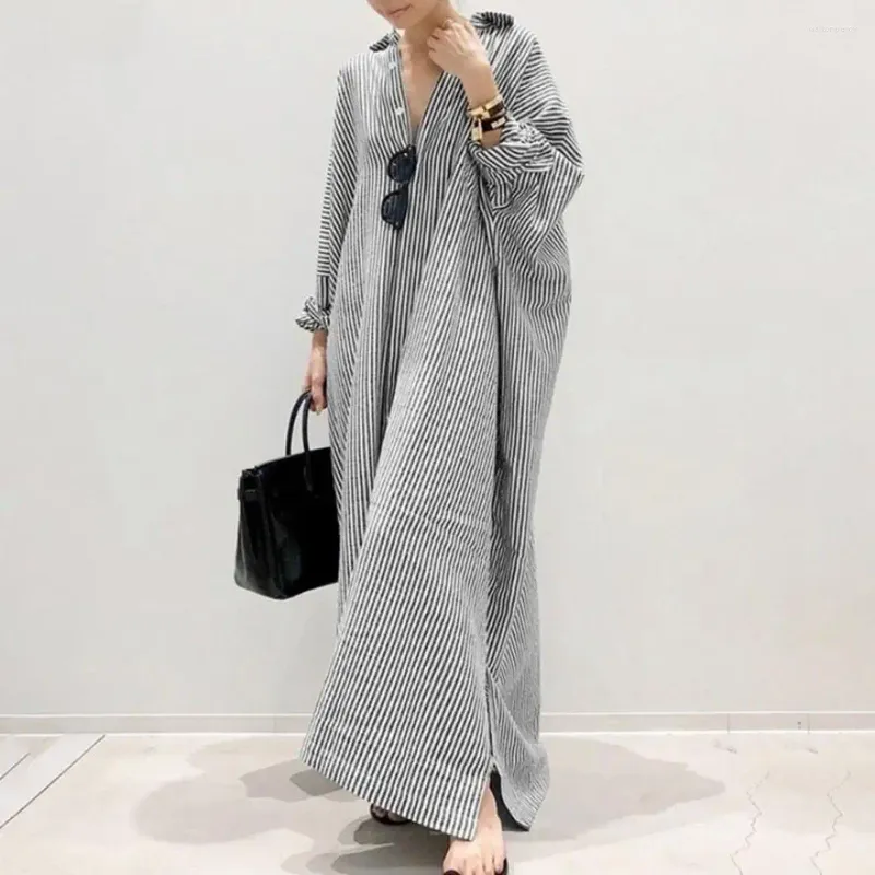 Casual Dresses Loose Fit Dress Striped Print Lapel Maxi For Women Soft Breattable Shirt Type Spring With Long Sleeve Split Hem Plus