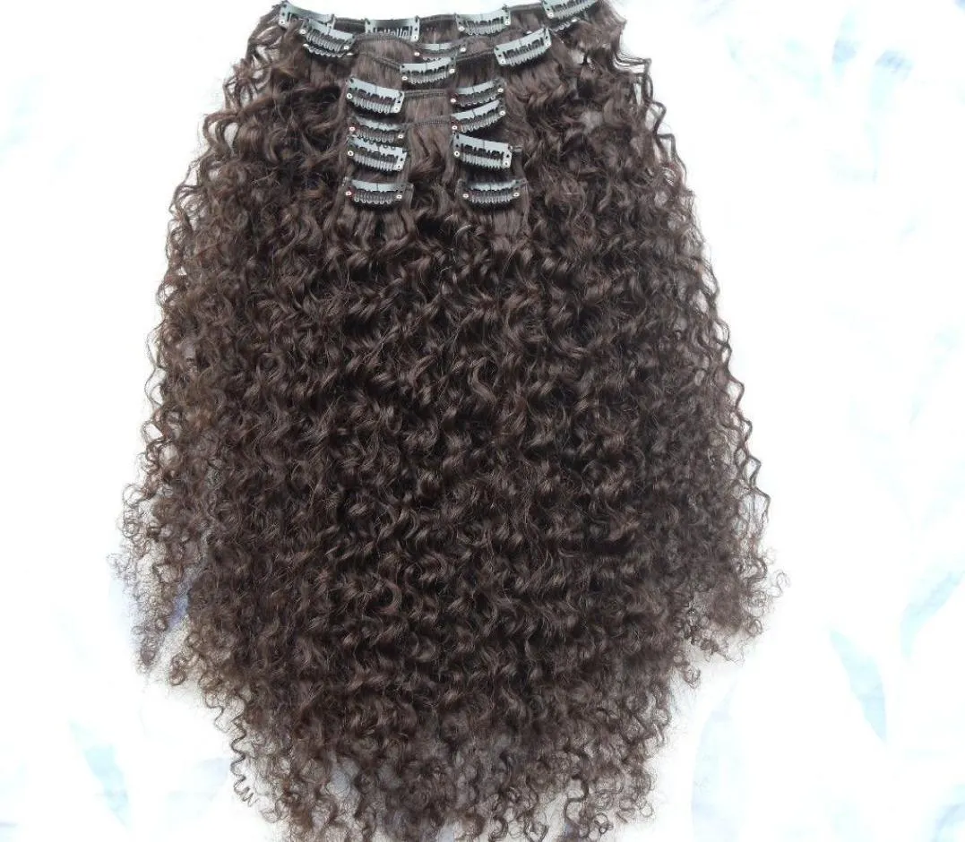 Nova chegada malásia virgem afro kinky cabelo encaracolado trama clipe em kinky encaracolado marrom escuro 2 cores extensões humanas 4365882