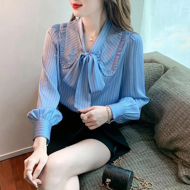 Blusas femininas roupas estilo coreano laço até listrado botão de impressão camisa plissado elegante chique chiffon blusa manga longa magro topos