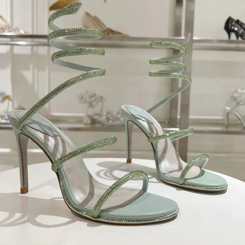 Rene Caovilla High Heel Sandals 여성 패션 뱀 포장 발목 스트랩 드레스 슈즈 캐주얼 가죽 최고의 품질 고급 디자이너 샌들