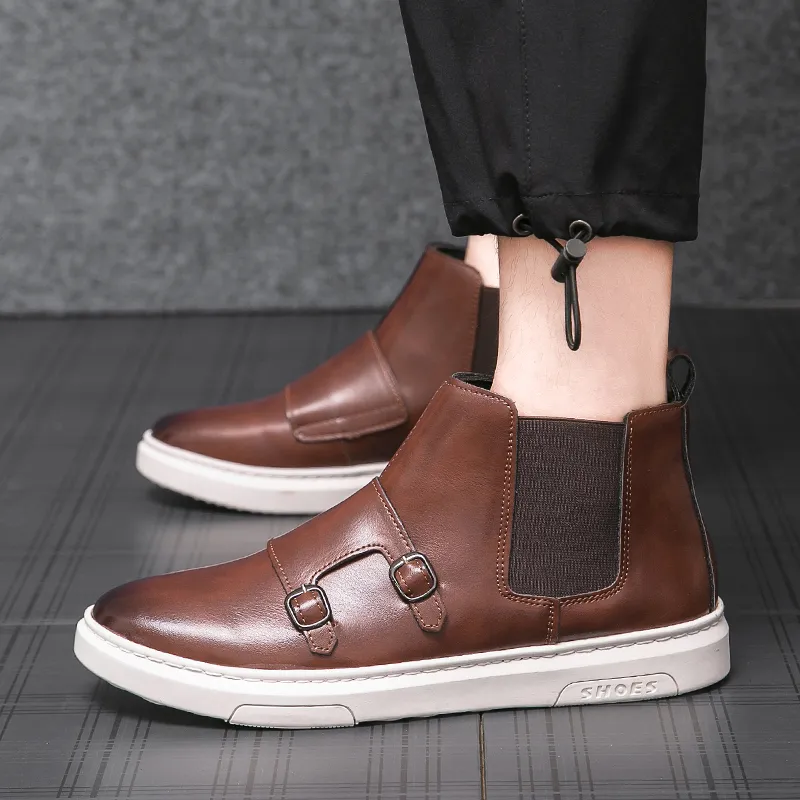 Chaussures vulcanisées noires pour hommes, baskets montantes avec boucle en métal marron à enfiler, en cuir Pu, mocassins de taille 38 à 46