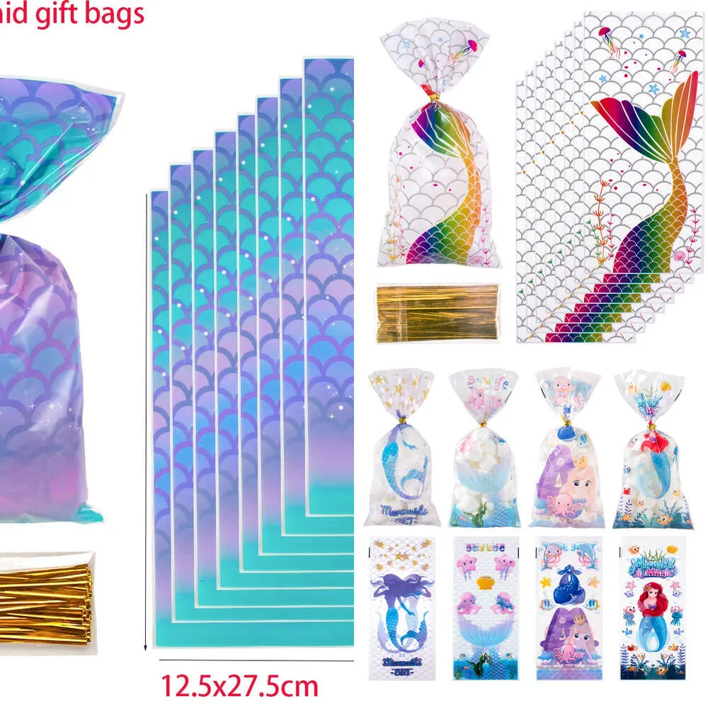 Ny 50/100 st fest godispåsar kex packning sjöjungfru svans presentpåse för barn flicka födelsedagstillbehör baby shower