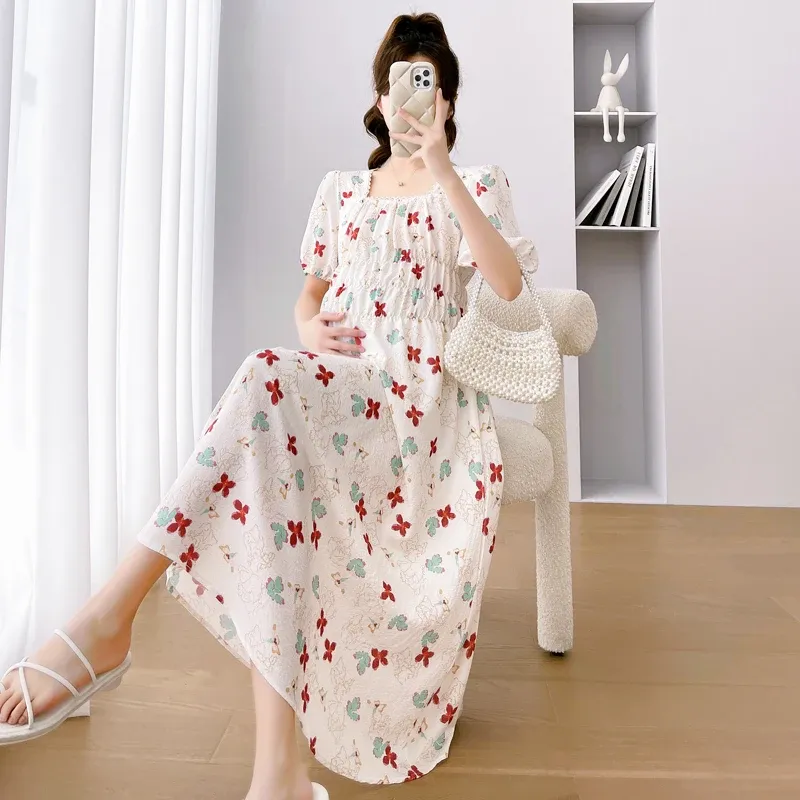 Dresses Green Pink Floral Dress for Maternity Puff Sleeve Fashion Printing Pregnant Woman Chiffon Dress Pregnancy Holiday Clothes Sweet