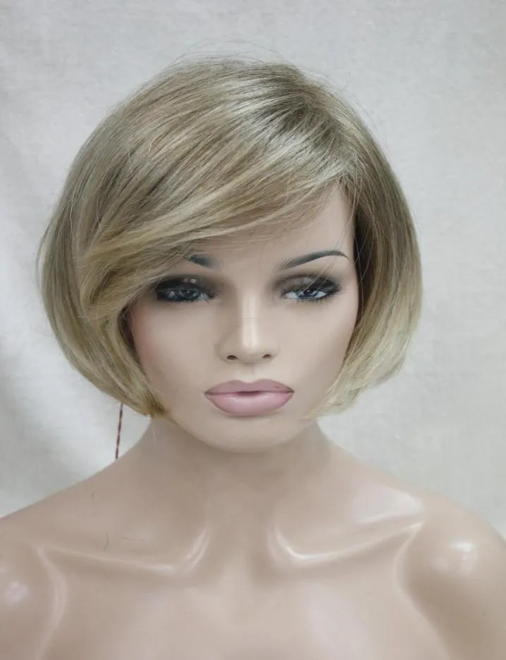 neue modische Blondine mit braunem Ansatz, kurzes, hochwertiges Haar, gerade BOB-Perücke, 7328247