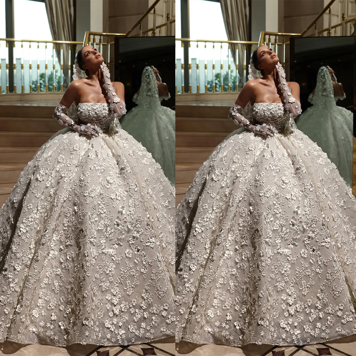 Robe de bal de luxe robes de mariée Sexy sans bretelles fleurs 3D Appliques robes de mariée longueur de plancher volants sur mesure robe de mariée