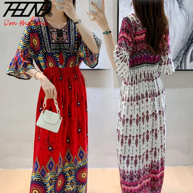 Dress THHONE Women Dress Indian Loose Bohemian Korean Style Long Tassels Casual Vintage Vestidos Robe High Waist Round Neck Floral