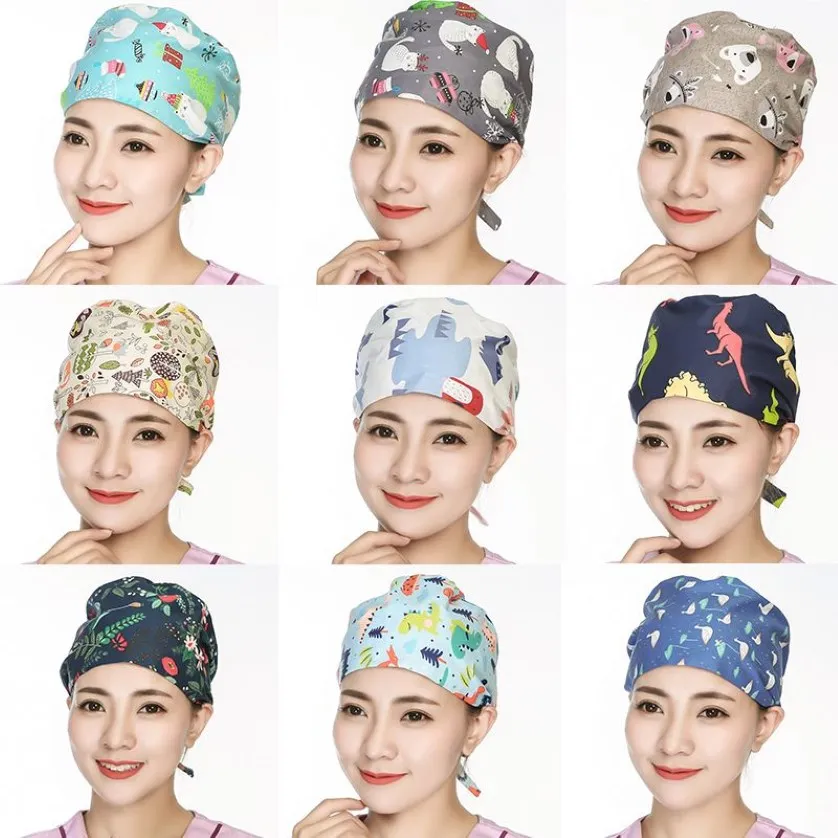 Hele Katoenen Scrub Hoeden Gedrukt Bandage Verstelbare Scrub Cap Bediening Caps Wasbare Werken Caps Mutsen voor Women255c