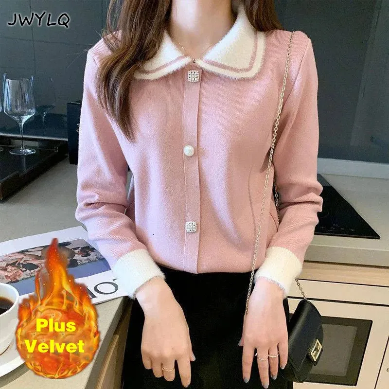 Autumn Winter Thicken Warm Peter Pan Collar Pullover Tröja Kvinnor Korean Söta långa ärmar Pink Tröjor Löst stickad topp 240304