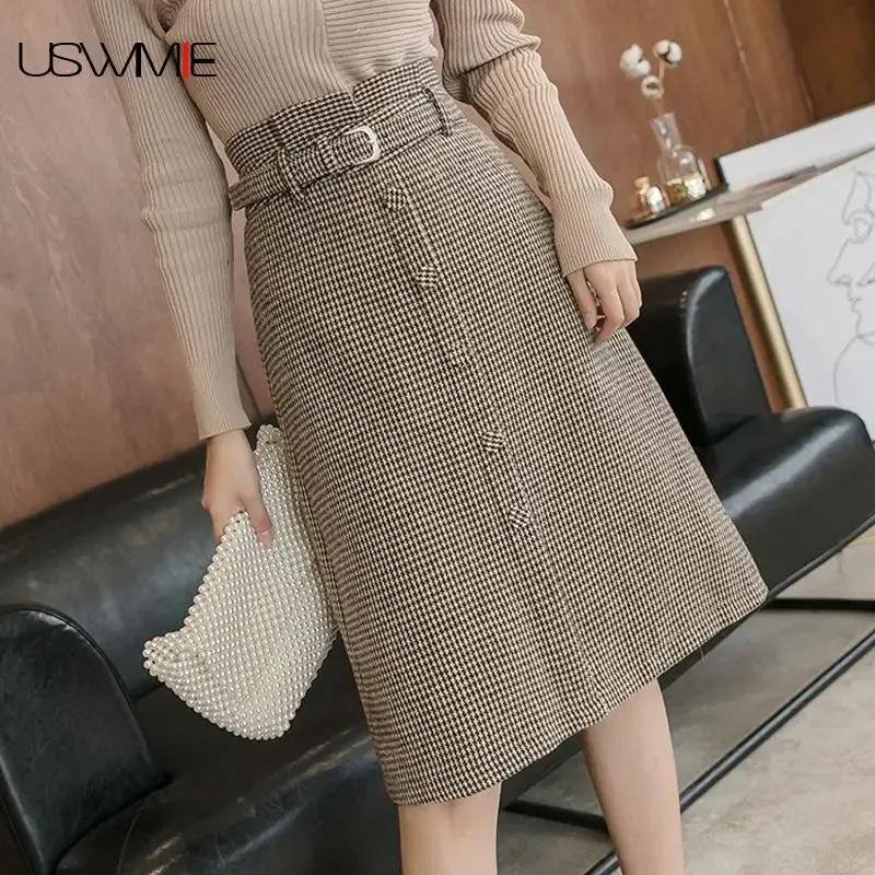 Skirts Free Shipping Women Skirt Thousand Bird Wool Tweed Fashion Outwear With Waist Collect Waist Color Matching Comfort Sexy Skirt