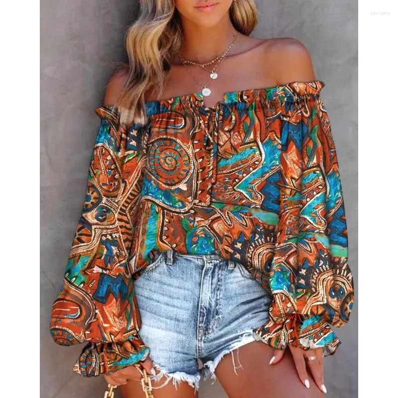 Damesblouses Sexy Dames Tribal Print Off-shoulder Lange lantaarnmouwen Gebonden Detail Decor Vrouwelijke top Casual losse tops Strandkleding