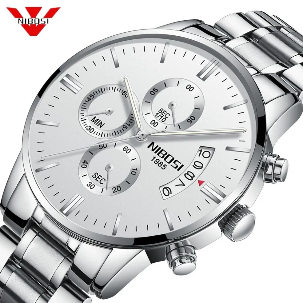 Relogio NIBOSI Luxury Famous Top Brand Uomo Sliver Orologio da polso bianco Orologio impermeabile Orologio al quarzo per uomo Relogio Masculino256e