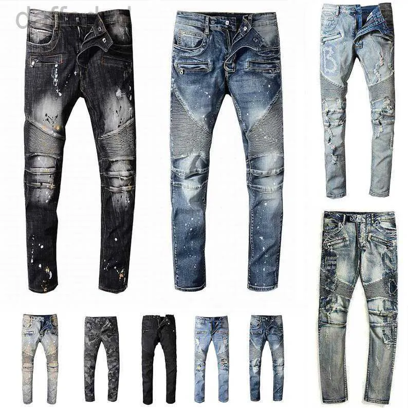 Jeans masculinos designers mens angustiado rasgado motociclista maternidade calça slim fit motociclistas denim para homens moda mans calças pretas pour hommes 240305