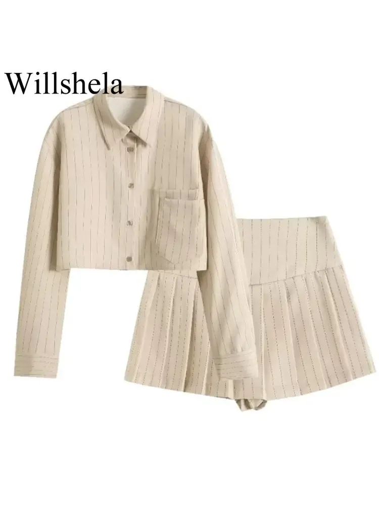 Zestawy WillShela Women Fashion 2 -częściowy zestaw Khaki Striped Single Breast Bluzka Vintage High Talle Shorts Kobiety Chic Lady Shorts Zestaw